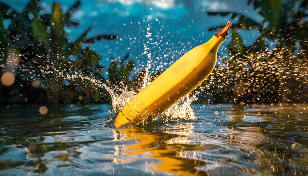 Banana Splash in Water Creates Dynamic Fresh Moment.