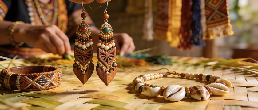 Traditional Dayak wooden earrings and shell jewelry displayed on a woven mat for the Gawai harvest festival in Sarawak.
