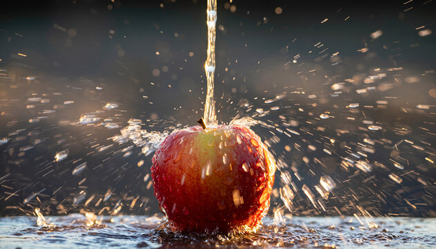 Crisp red apple splashes water in dramatic close up.
