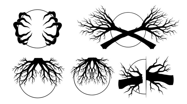 Set of Five Spooky Silhouette Graphics: Spooky Branches, Twisted Roots, and Monster Claws