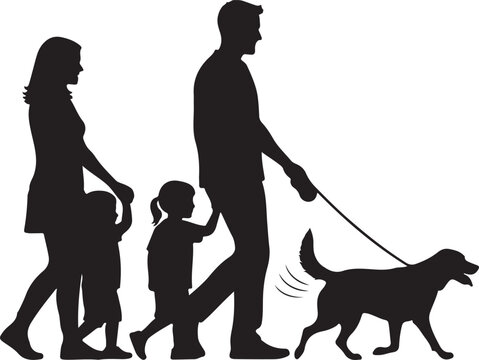 Family walking dog, silhouette vector, black icons, people pet, family life