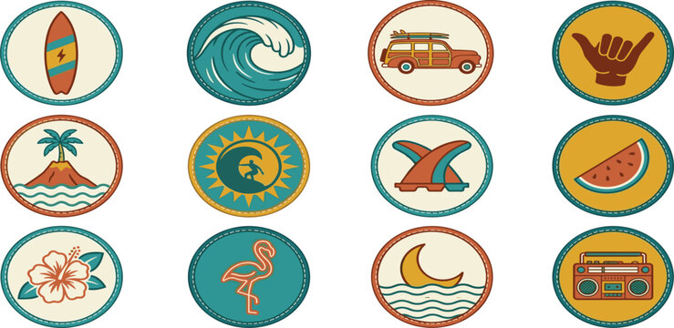 Retro Vintage Summer Surf Patch Vector Set with Ocean Wave Woody Car Surfboard Flamingo Shaka Hand and Tropical Hibiscus Round Badge Designs