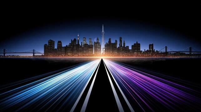 Abstract city skyline with glowing road lines leading to buildings