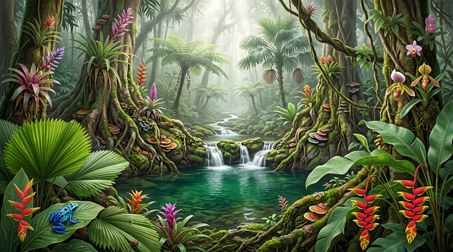 Lush tropical rainforest with waterfall and colorful exotic plants