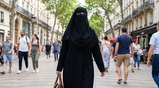 A woman wearing a niqab walks down a busy street lined with shops and trees, with other pedestrians around her.