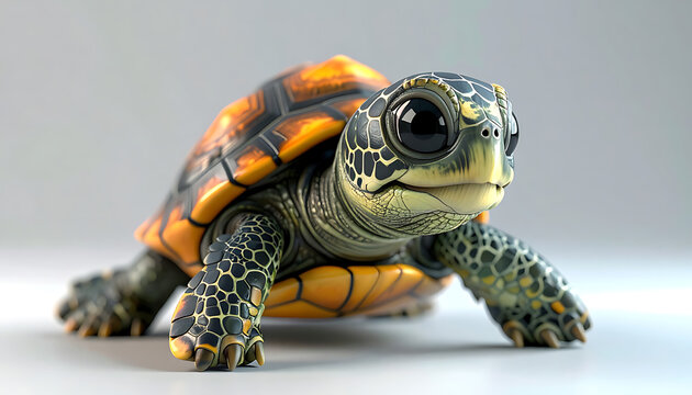 Adorable baby turtle with large expressive eyes and a patterned shell, close-up portrait on a neutral background, charming and cute amphibian pet