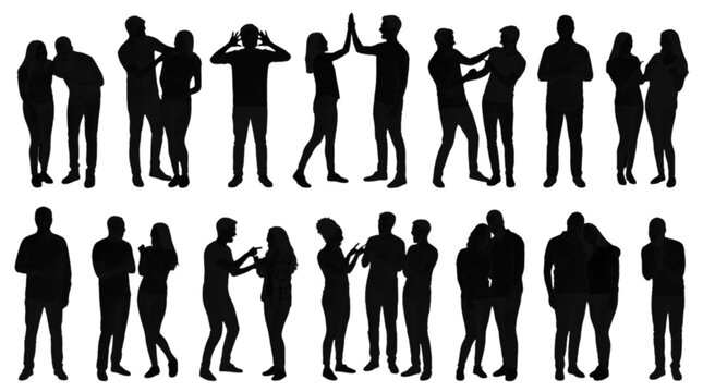 A set of diverse silhouetted figures walking side by side in a casual, unified formation. Ideal for illustrating teamwork, unity, or community themes in modern and professional contexts.