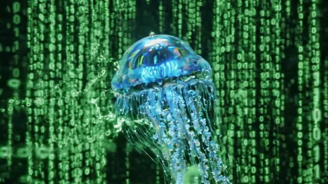 Blue Jellyfish Floating in Digital Matrix Code, Sci-Fi Ocean Concept