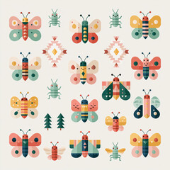 Obraz premium A flat colorful illustration shows a collection of geometric butterflies and insects arranged in a pattern on a white background