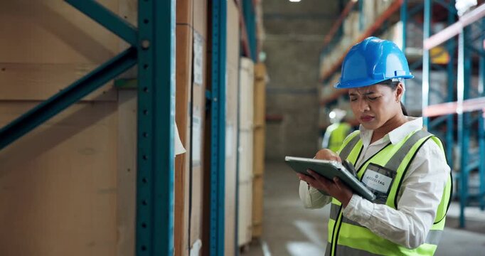 Confused, tablet and scan with woman in warehouse for delivery mistake, logistics or sku error. Invalid barcode, digital inventory or cargo label with person in factory for database troubleshooting