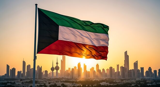 Kuwait Flag Fluttering Over Modern City Skyline at Sunset