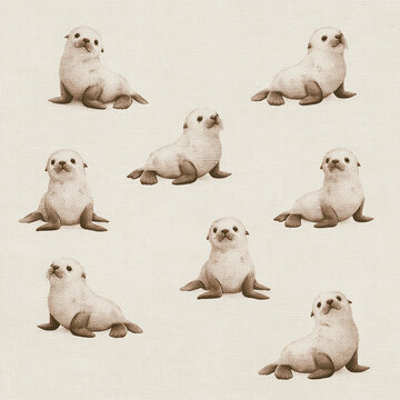 A repeating pattern of small cute seals is displayed over a neutral canvas background with various sitting poses