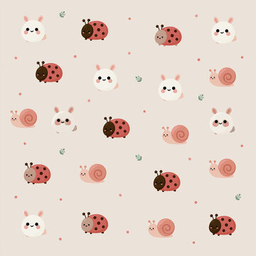 Cute cartoon pattern features ladybugs and snails and white rabbits sitting on a light background with small green leaves and pink dots