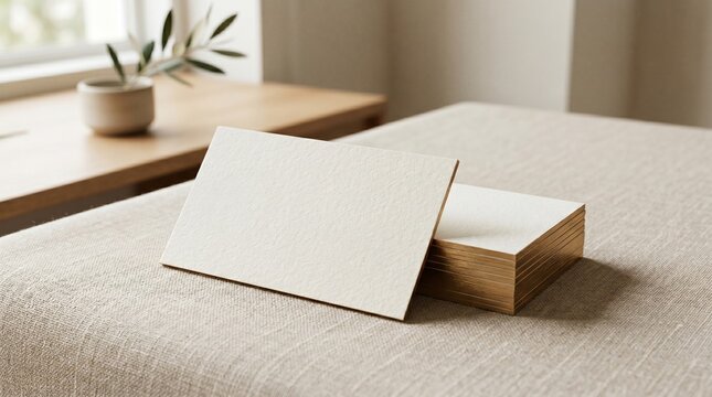 Business card mockup with gold edges on textured linen fabric