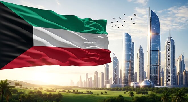 Kuwaiti Kuwait Flag Wave Over Modern Kuwaiti City Skyline