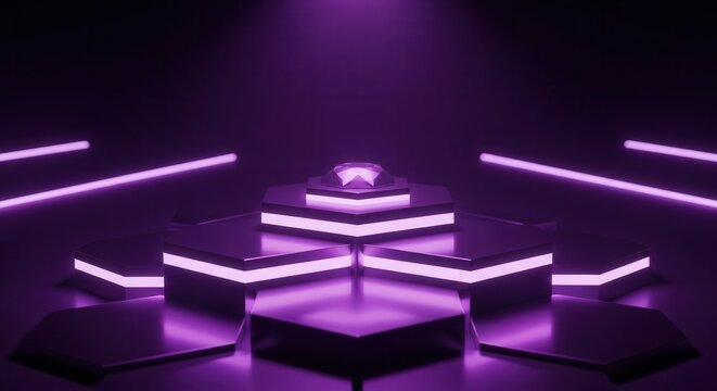 Futuristic Neon Stage with Geometric Platforms and Purple Lighting.