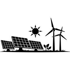 Solar panels and wind turbines for green energy production © Jannatut