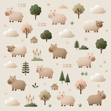 Cute cartoon capybaras and sheep stand in a seamless rural landscape with small trees and clouds