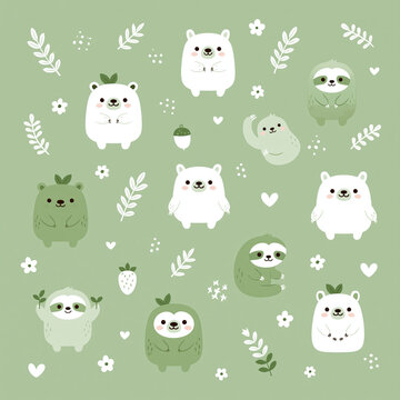 Cute pattern of cartoon bears and sloths standing among white flowers and green leaves on a soft green background