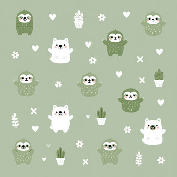 Seamless pattern featuring cute cartoon sloths and polar bears with potted plants and white hearts on a soft green background