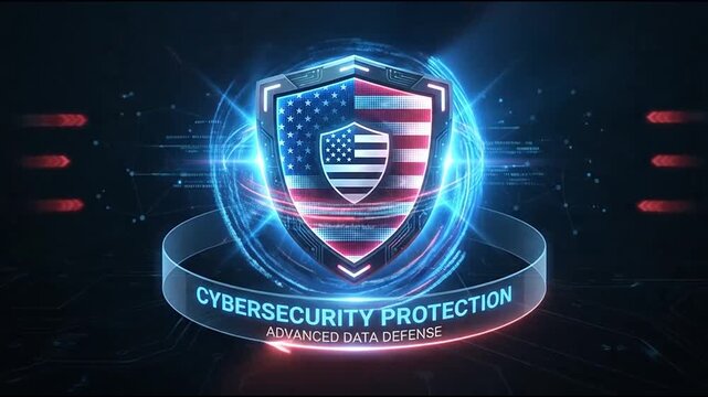 Cybersecurity protection shield featuring american flag design with glowing digital motion effects for advanced network defense in this animation clip