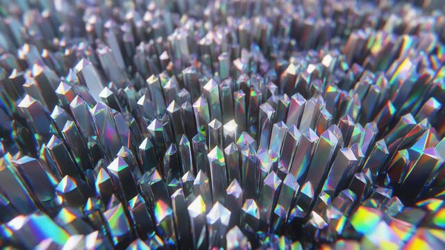A crystal formation showcases its vibrant, iridescent colors and sharp, geometric shapes up close.