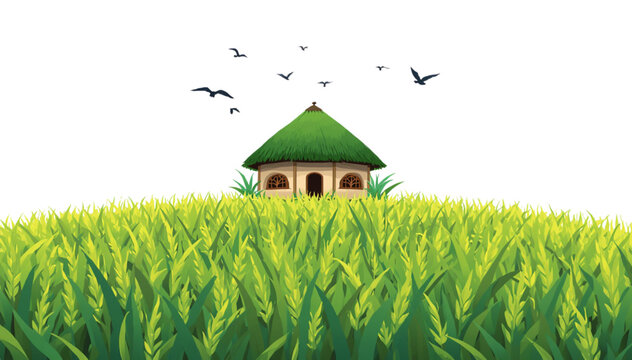 a hut in the middle of a rice field and birds flying