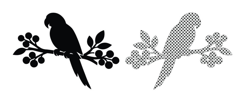 Tropical parrot silhouette vector set, exotic bird perched on berry branch, black macaw and patterned parrot icons for nature design