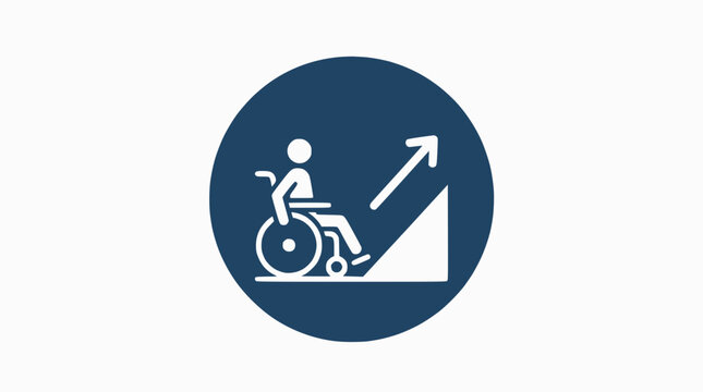 Wheelchair user ascending ramp with upward arrow, symbol of progress and accessibility