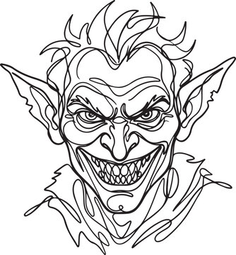 Grotesque fantasy creature illustration with a sinister and mischievous grin, featuring sharp teeth and pointed ears, depicted in a unique continuous single line art style