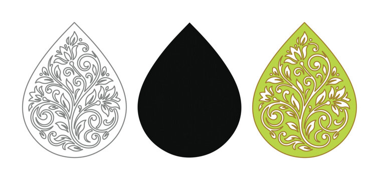 Ornate floral teardrop earring templates, decorative filigree jewelry patterns, laser cut wood or metal earring designs, 3 vector earring shapes