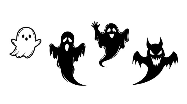 Collection of Diverse Cartoon Ghost Characters, Halloween Icons on White Background