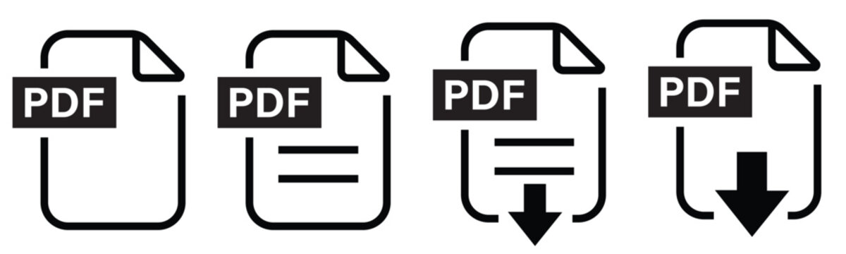 PDF file format icons set. PDF file download symbols. Format for texts, images, vector images, videos, interactive forms - stock vector.