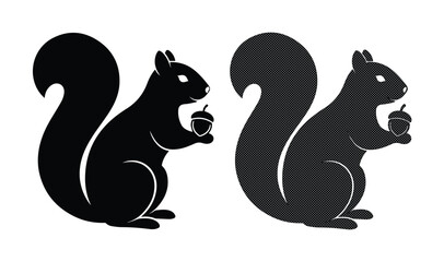 Squirrel silhouette vector icons, black squirrel holding an acorn nut, minimalist wildlife animal graphics for nature branding and logos © Asma