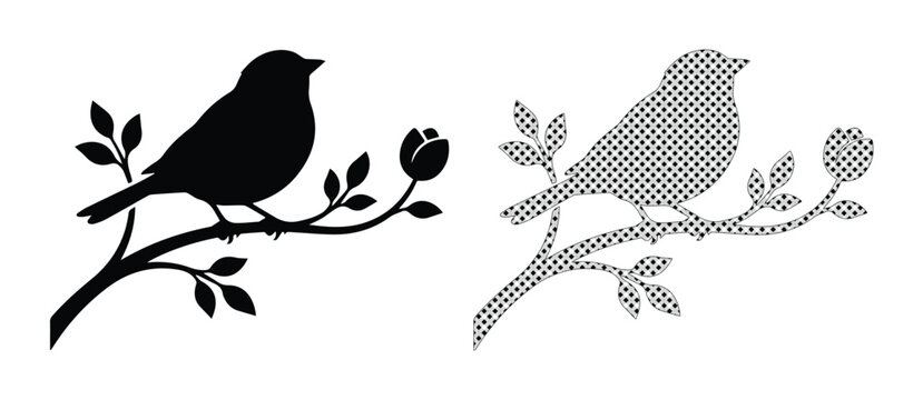 Minimalist bird silhouette on tree branch, black songbird vector with leaves and flower bud, nature illustration for laser cutting and vinyl decals