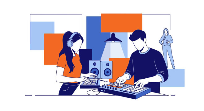Music Producers Working on Electronic Beats in a Studio