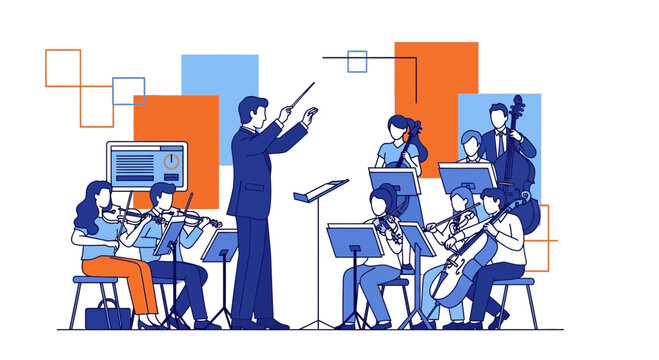 Conductor directing a symphony orchestra with musicians