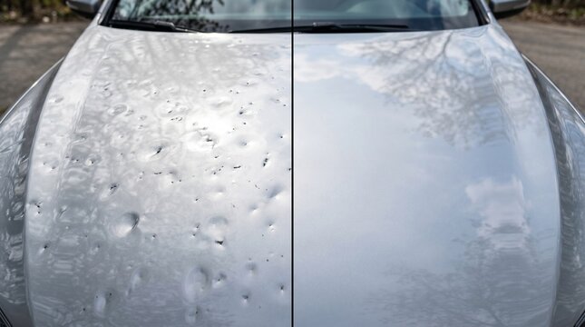 Silver car hood before and after professional hail repair