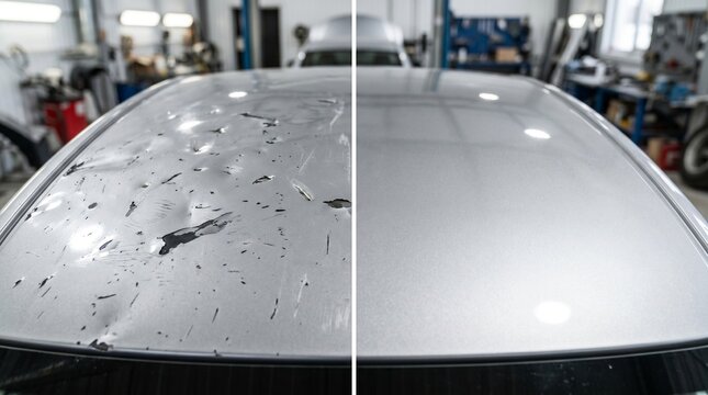 Silver car roof before and after hail damage repair