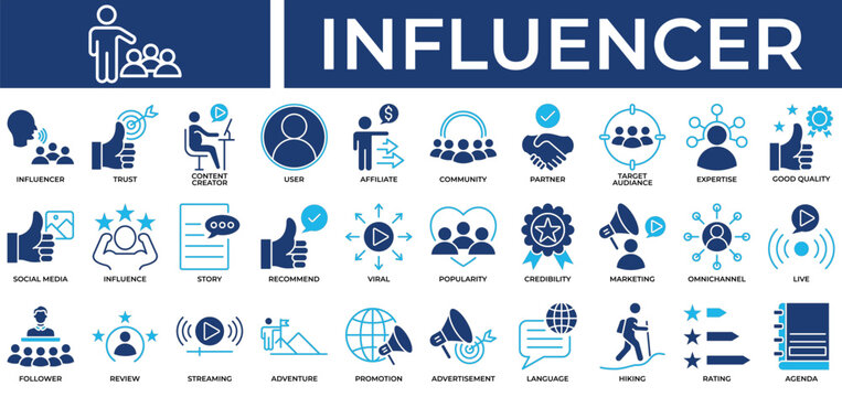 Influencer icon set collection. Containing society, organization, partner, story, trust, review, live .Solid vector icons collection