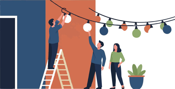 Team hanging decorative string lights indoors together happily.