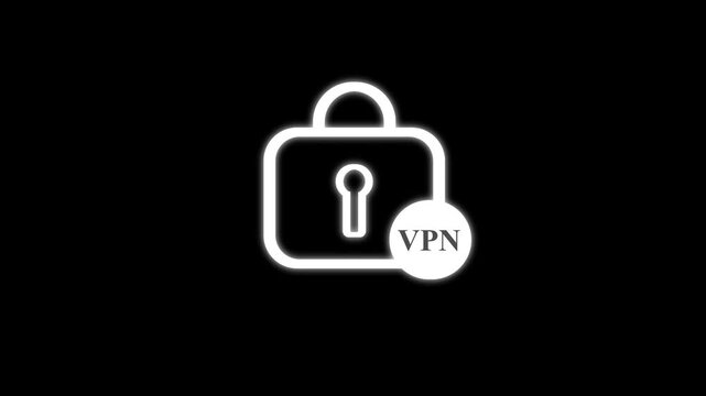 Vpn virtual private network animation black background glowing vpn lock icon loop digital protection computer technology cybersecurity internet connection encrypted data