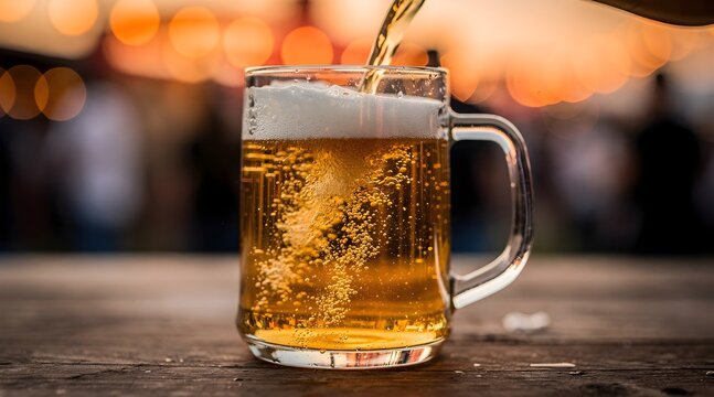 Refreshing golden beer being poured into a clear glass mug.