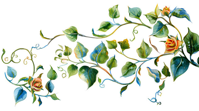 Watercolor vine swag with green leaves and orange roses