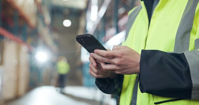 Logistics, phone and hands of person in warehouse for delivery confirmation, shipping and contact. Inventory update, digital schedule and bokeh with employee in factory for email tracking link