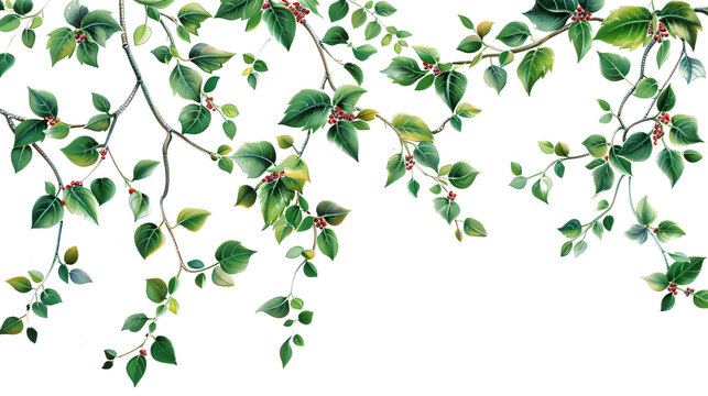 Hanging green leafy vines with red berries top border
