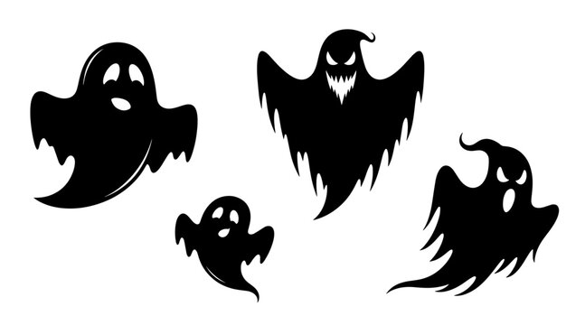 Collection of Four Silhouetted Ghosts with Various Expressions, Spooky and Cute, Isolated on White Background