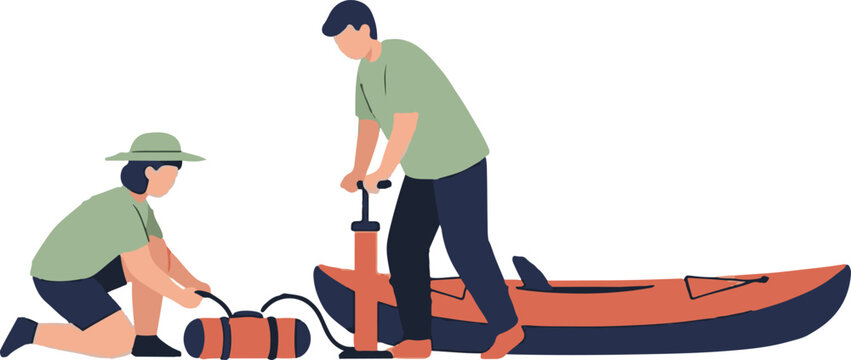 Two people inflating a kayak outdoors with foot pump.
