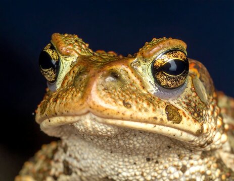 Close-up of a toad's head. Its golden eyes, textured skin, and speckled coloring is highlighted against a dark background