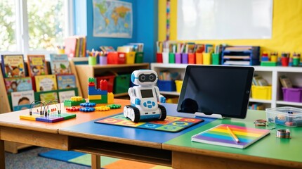 Naklejka premium Educational classroom desktop with coding robot toy tablet colorful learning materials and blocks arranged on activity table in bright schoolroom